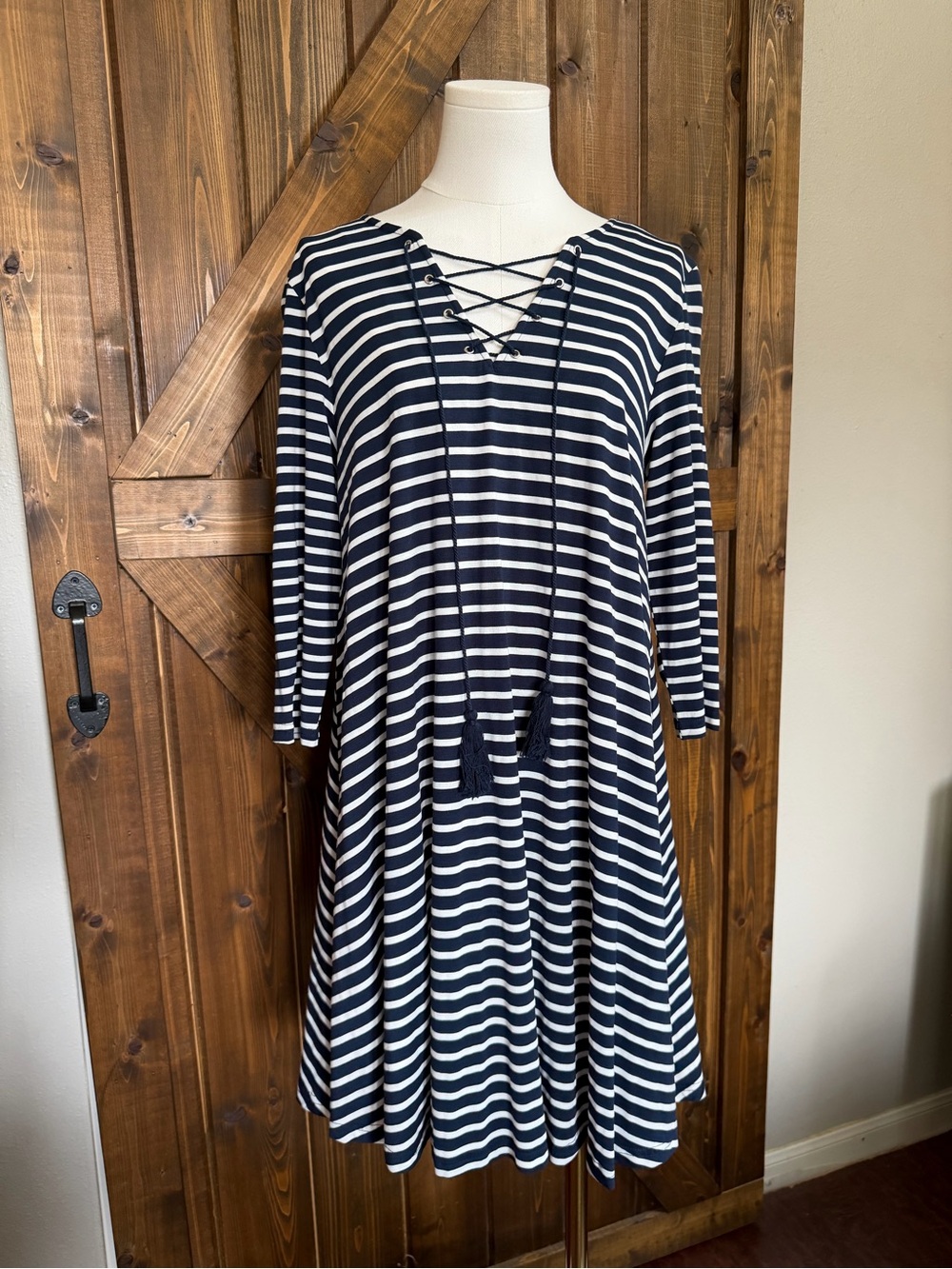 JODIFL Navy/White Striped Lace-Up Tassel Dress Nautical Shirt Dress Sz M NWT NEW